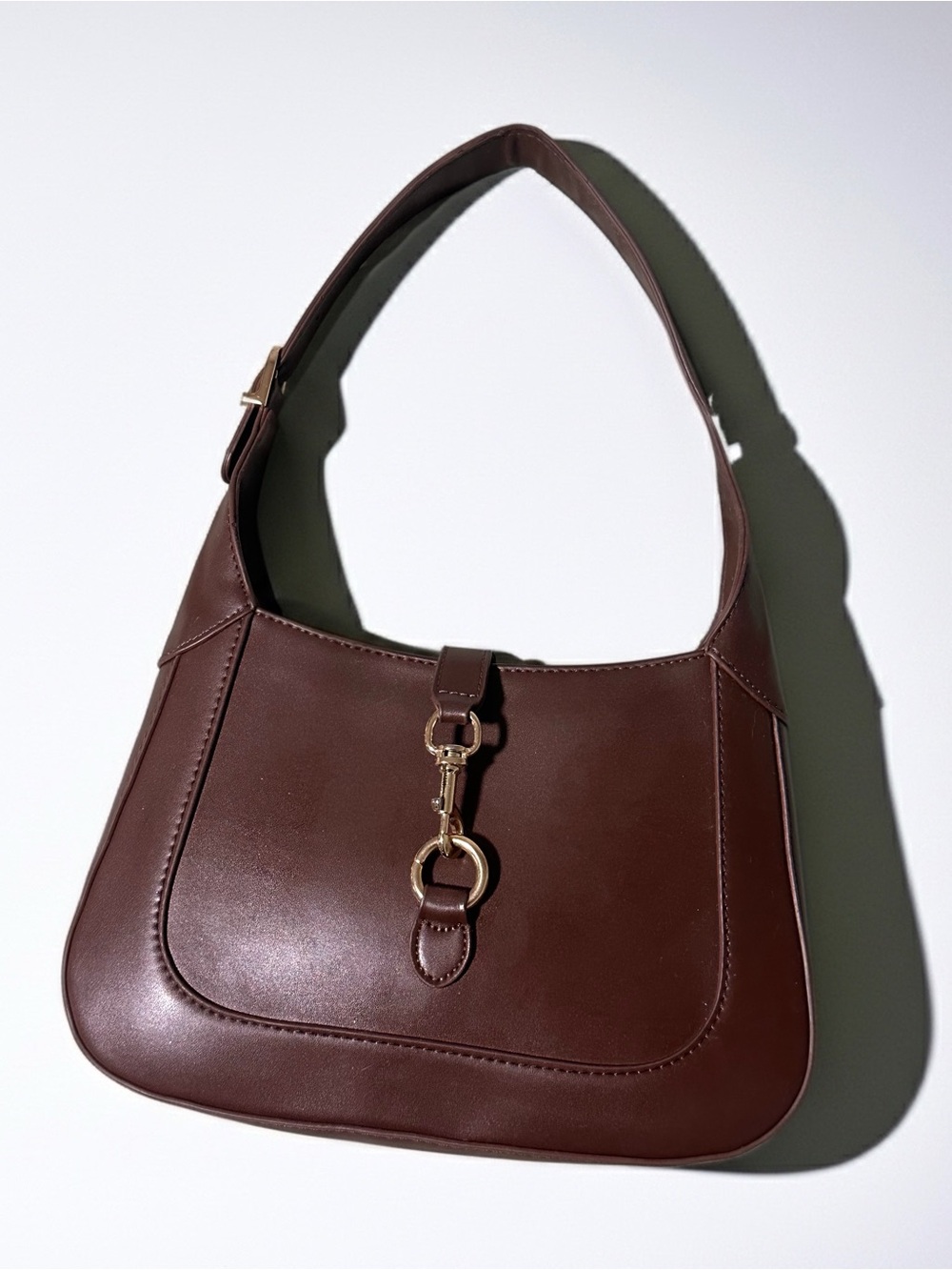 Classic Brown Faux Leather Shoulder Bag with Gold Hardware + Optional Bag Charm